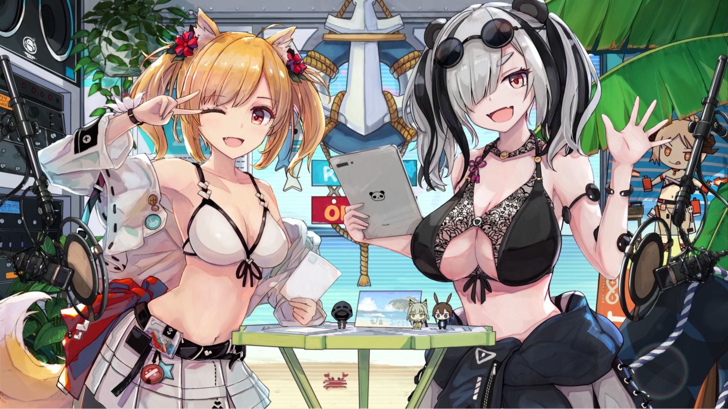 amiya_(arknights), animal_ears, arknights, bikini_top, chibi, cleavage, doctor_(arknights), feater_(arknights), ifrit_(arknights), kal'tsit_(arknights), megane, open_shirt, sora_(arknights), swimsuits, tail, toyoharu, wallpaper