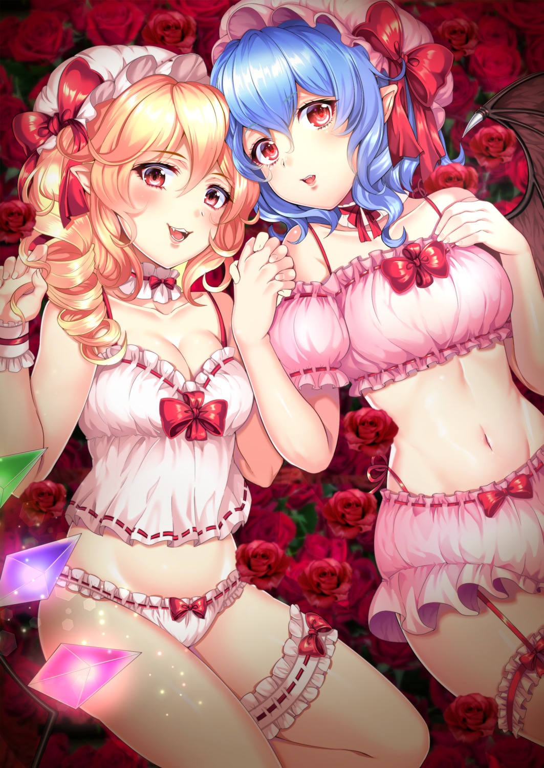 cleavage, flandre_scarlet, garter, lingerie, pantsu, pointy_ears, remilia_scarlet, touhou