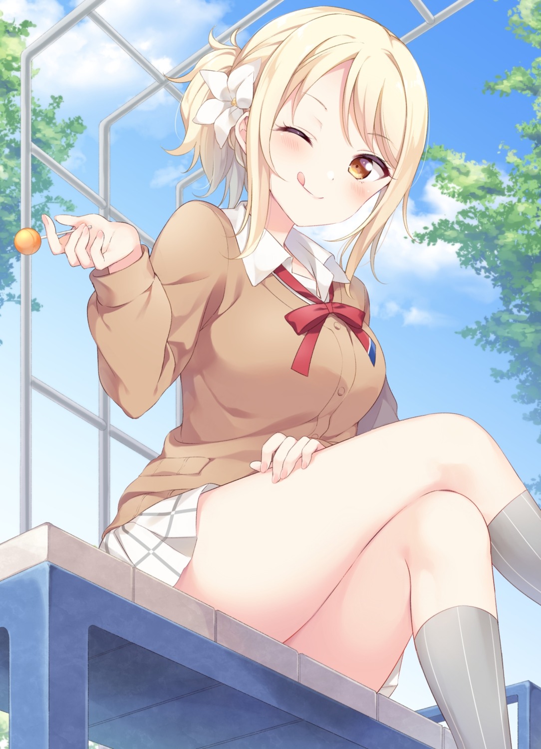 hazuki_(sutasuta), love_live!_(series), love_live!_nijigasaki_gakuen_school_idol_doukoukai, love_live!_school_idol_festival_all_stars, miyashita_ai, seifuku, skirt_lift, sweater