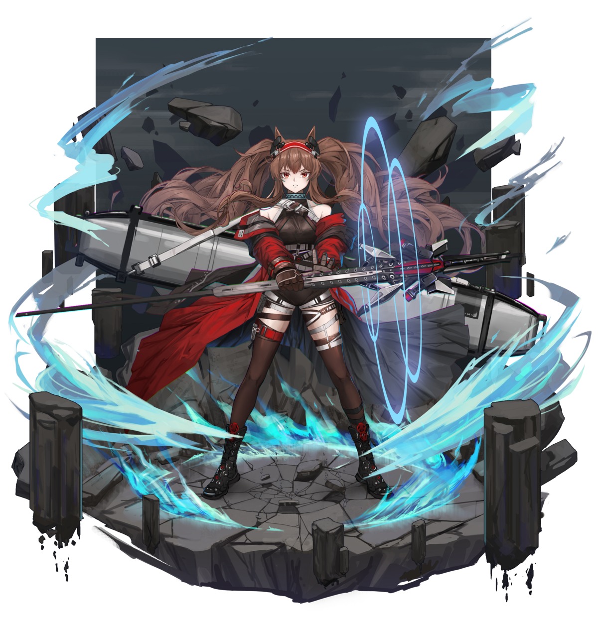 angelina_(arknights), animal_ears, arknights, garter, kasasasagi, stockings, thighhighs, weapon