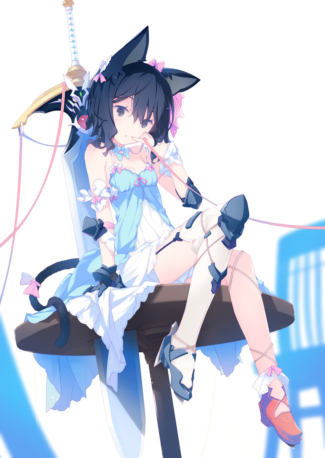 animal_ears, armor, dress, fran_(tenken), heels, nekomimi, ruroo, shishou_(tenken), stockings, sword, tail, tensei_shitara_ken_deshita, thighhighs