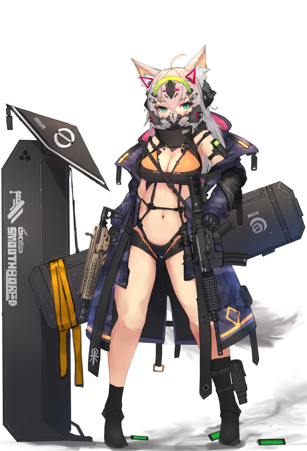 animal_ears, bikini_armor, cleavage, gun, nekomimi, open_shirt, syaha