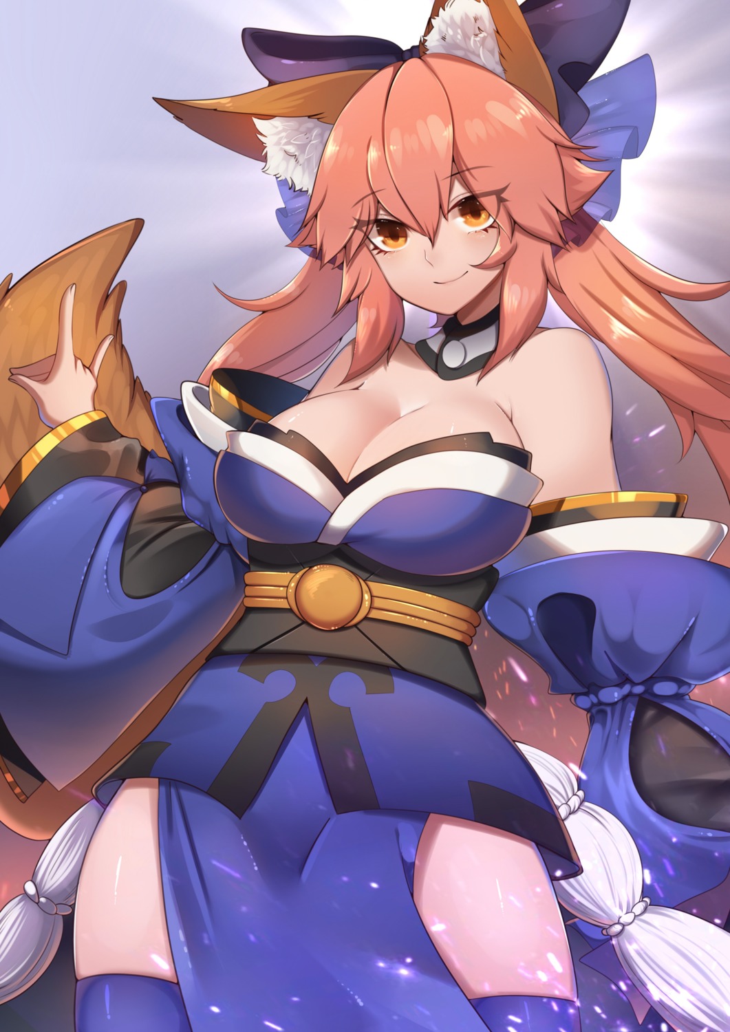 animal_ears, cleavage, fate/grand_order, japanese_clothes, kitsune, no_bra, rayrie, tail
