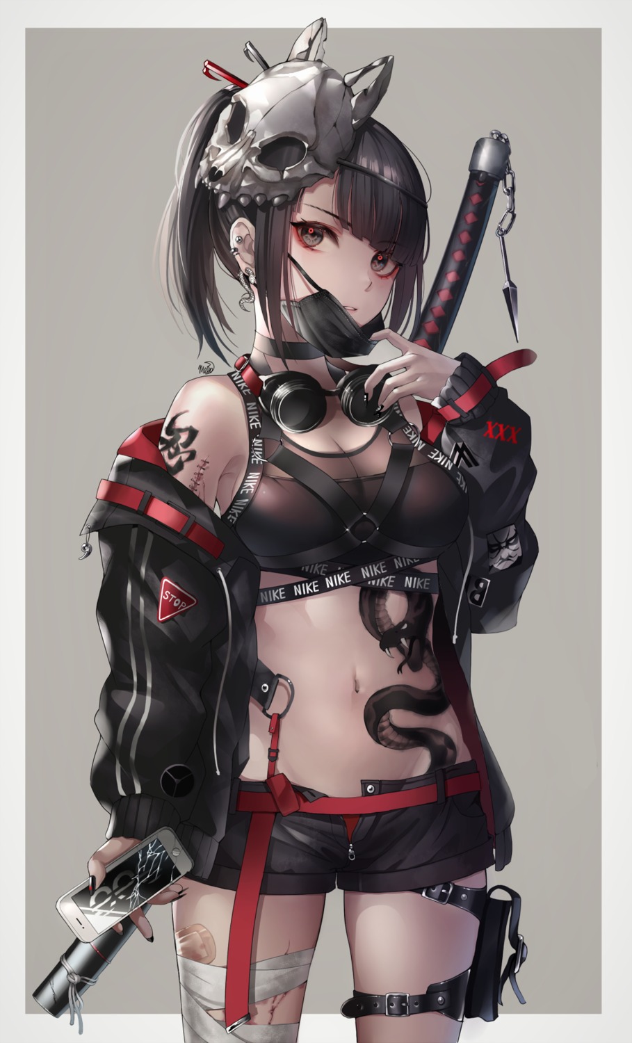 bandages, blood, blue_blood_moon, cleavage, garter, see_through, sword, tattoo