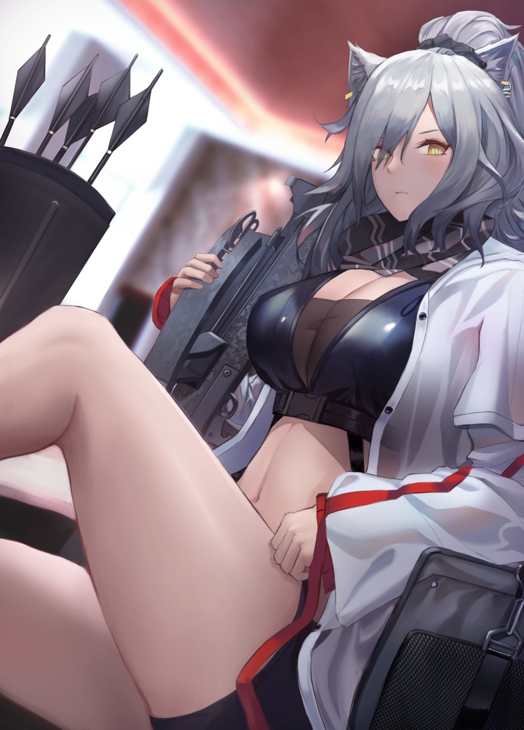 animal_ears, arknights, cleavage, eru_(eru_illust), schwarz_(arknights), weapon