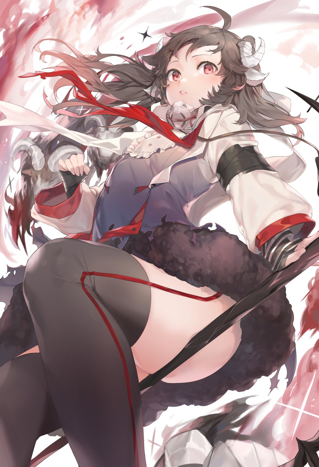 animal_ears, arknights, eyjafjalla_(arknights), horns, jam_(nandade), skirt_lift, stockings, thighhighs