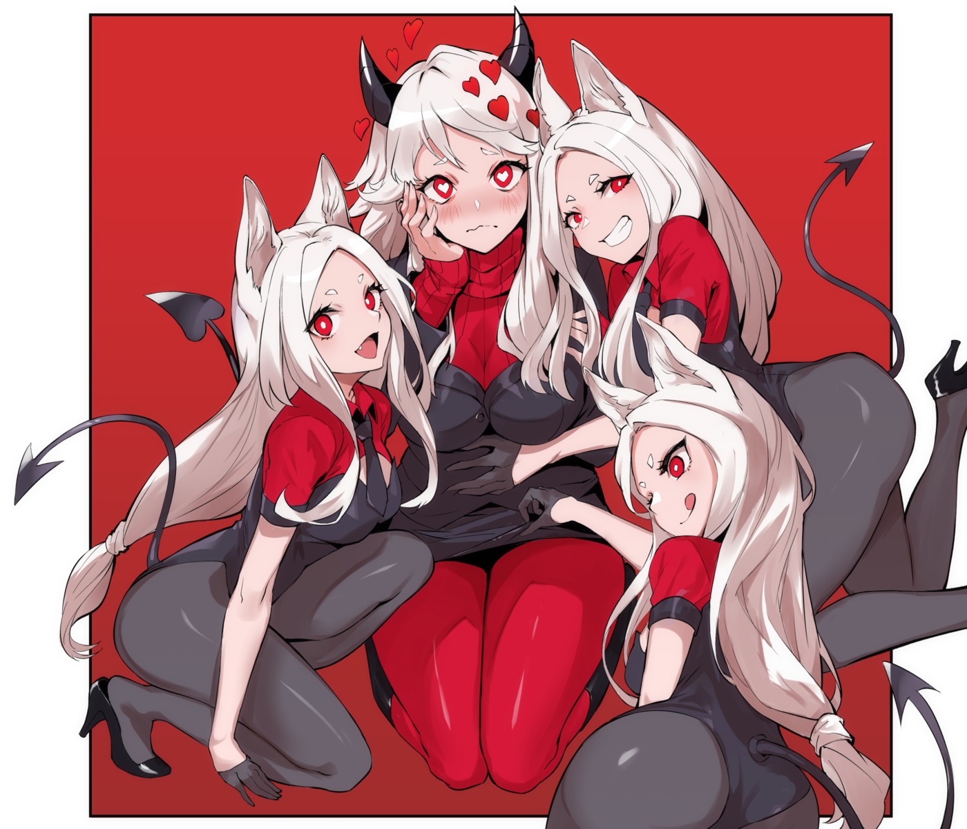 animal_ears, ass, cerberus_(helltaker), heels, helltaker, horns, leotard, modeus_(helltaker)