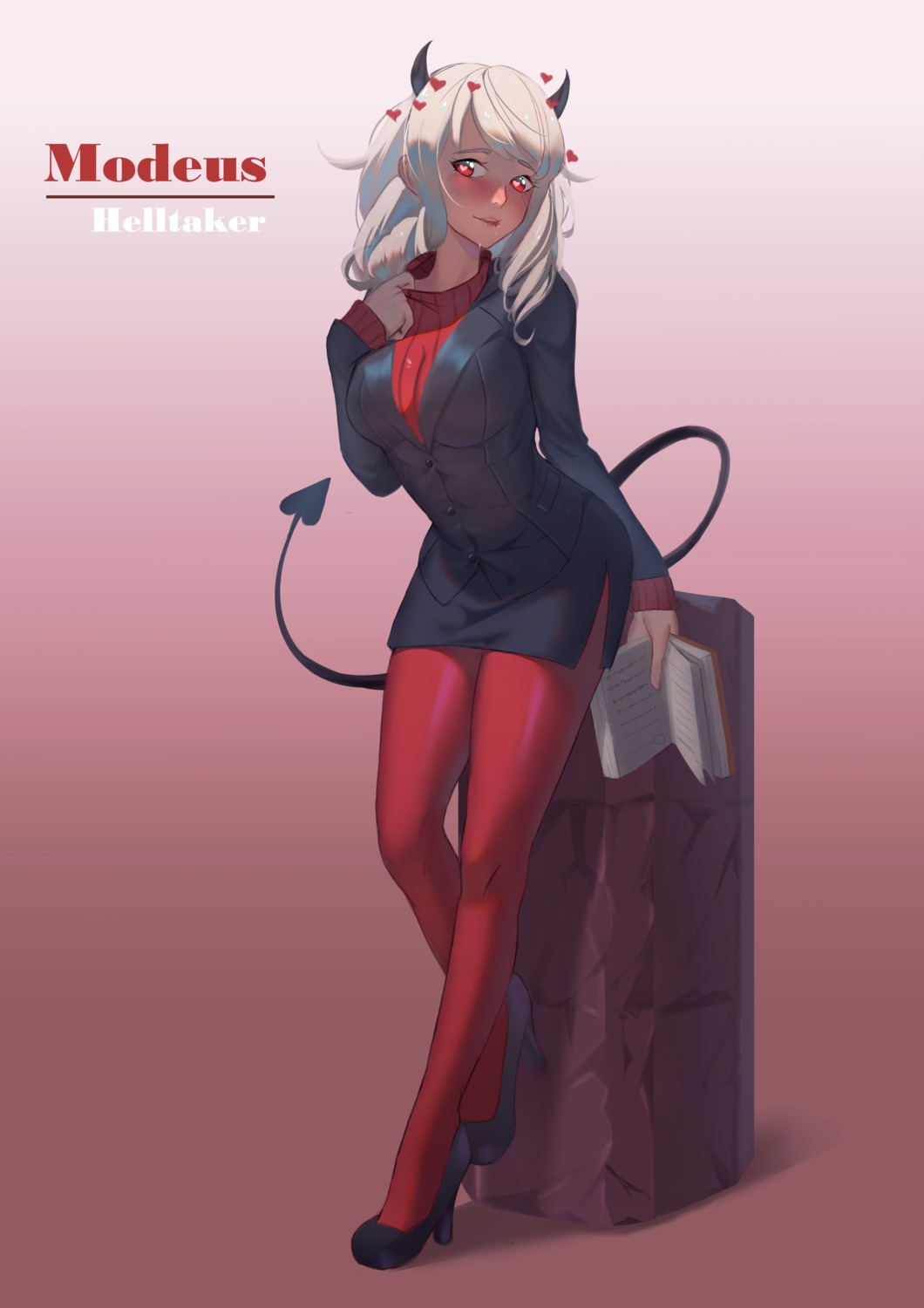 business_suit, heels, helltaker, horns, jmao, modeus_(helltaker), pantyhose, sweater, tail