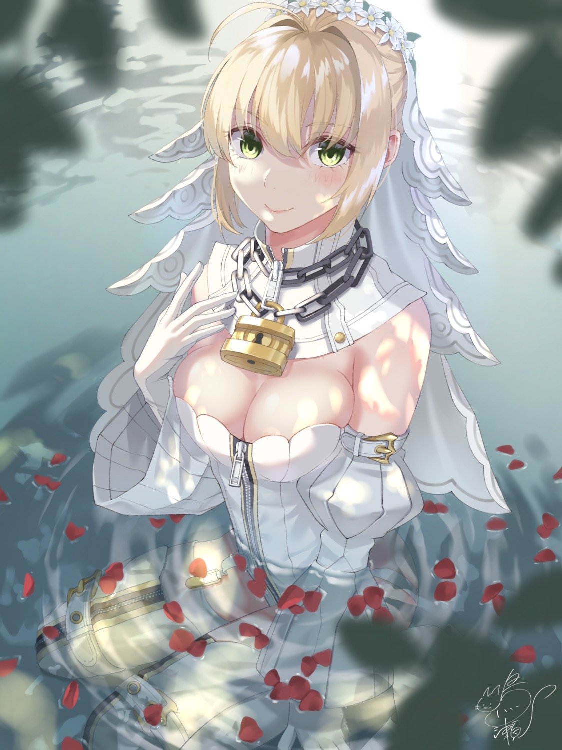 cleavage, fate/grand_order, leotard, naruse_(0819), nero_claudius_(fate), no_bra, stockings, thighhighs, wet