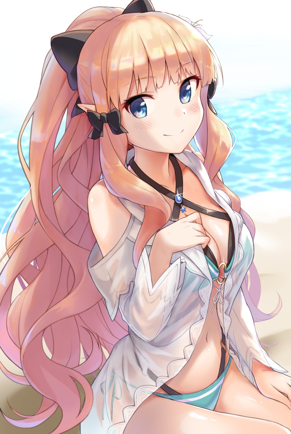 bikini, cleavage, open_shirt, pointy_ears, princess_connect!, princess_connect!_re:dive, sasaki_saren, see_through, shuucream_(syuichi), swimsuits