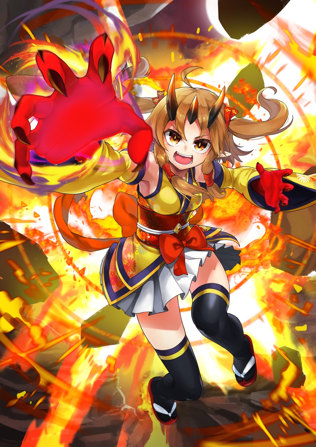 baniran_dorosu, horns, japanese_clothes, pointy_ears, thighhighs