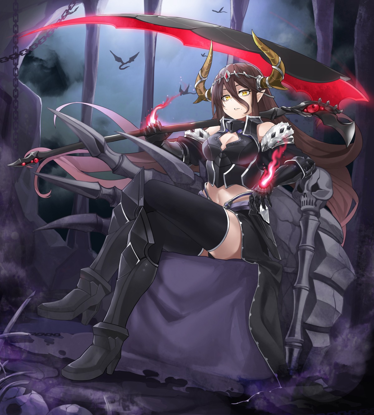 armor, baniran_dorosu, cleavage, heels, horns, pointy_ears, thighhighs, weapon