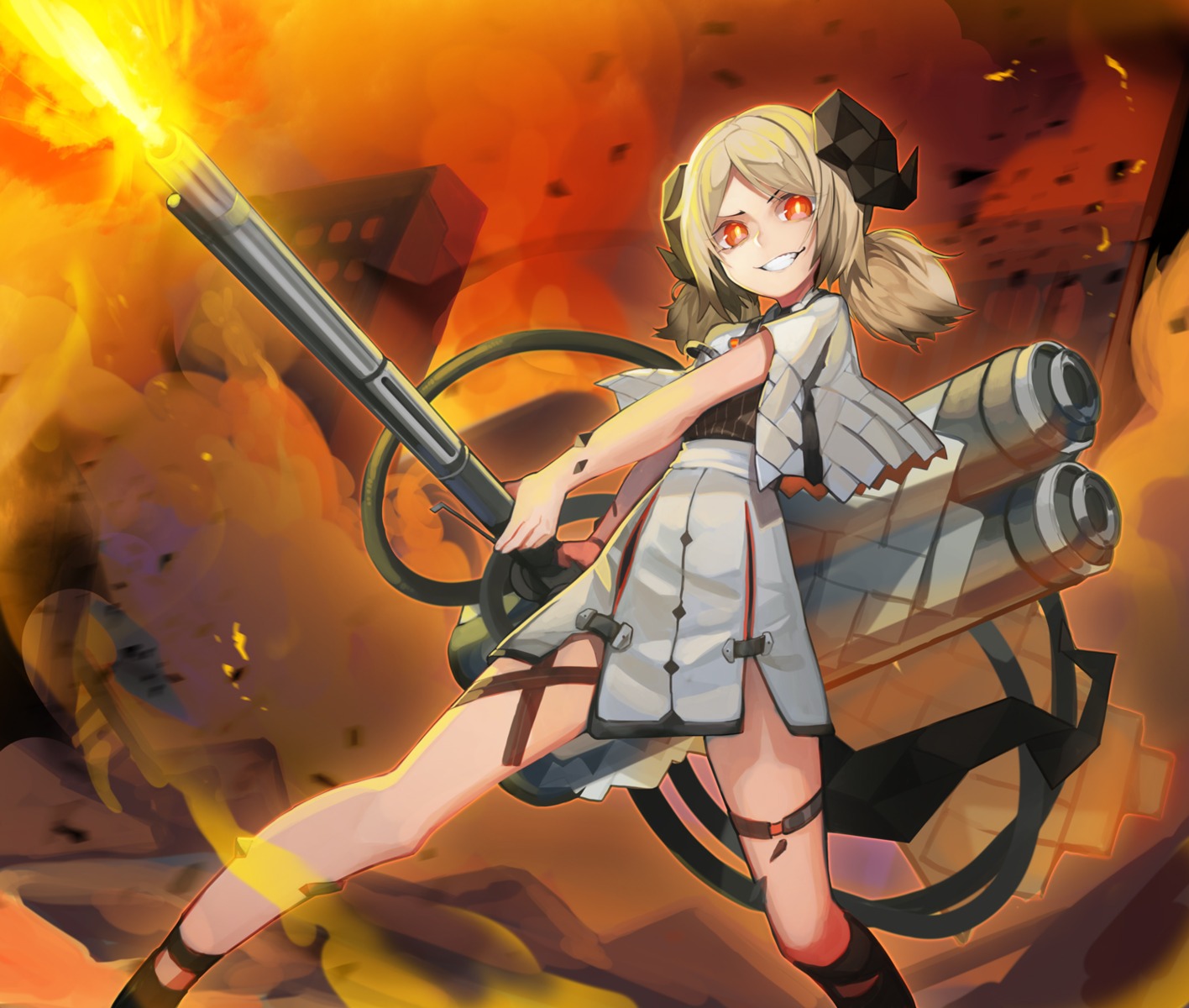 arknights, baniran_dorosu, garter, horns, ifrit_(arknights), tail, uniform, weapon