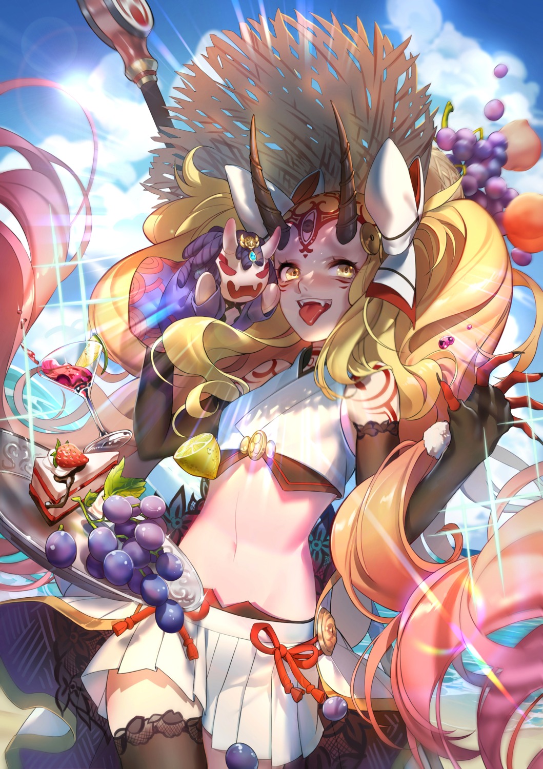 fate/grand_order, horns, ibaraki_douji_(fate), japanese_clothes, lin_nulixiulian, tattoo, thighhighs
