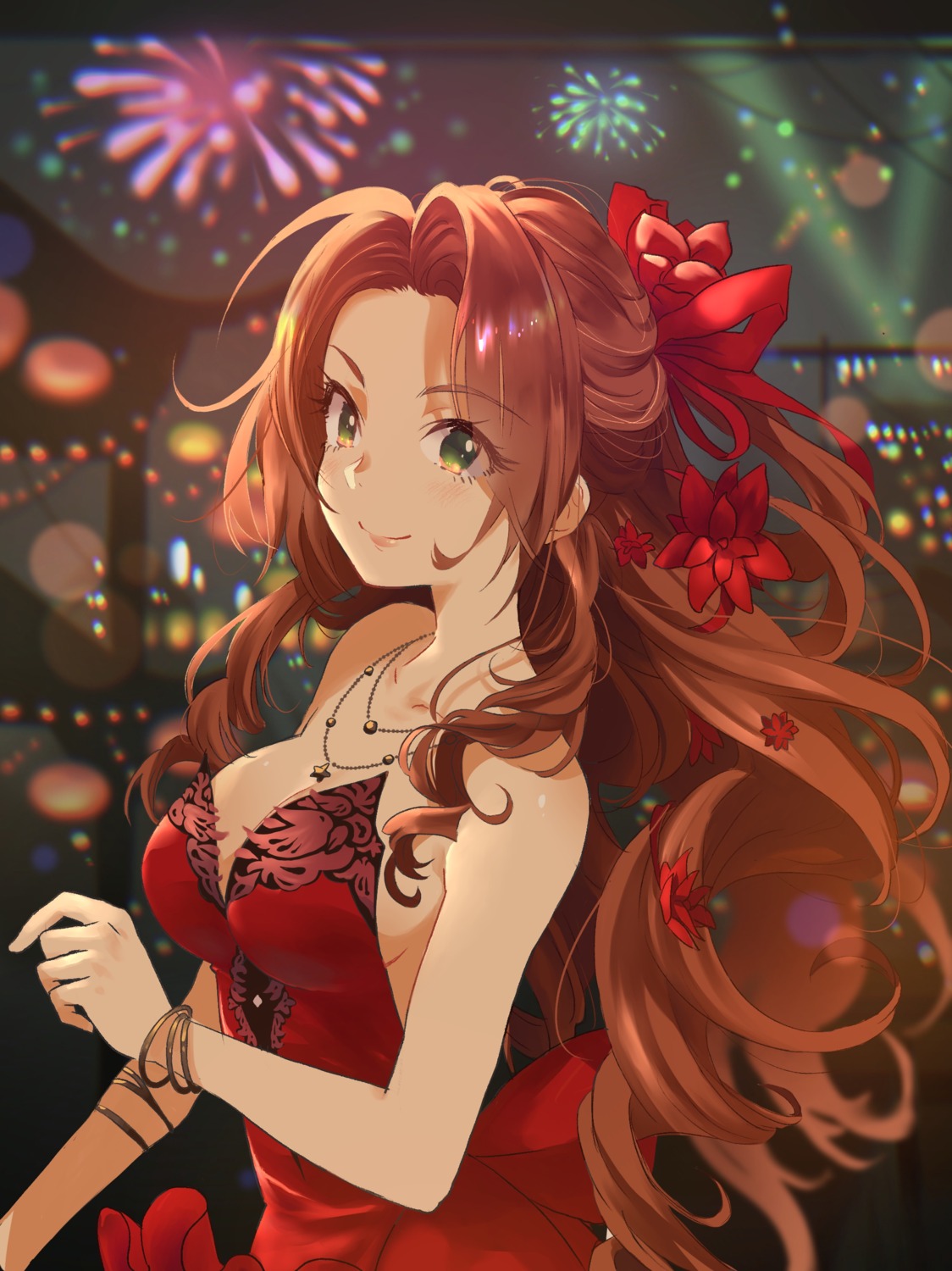 aerith_gainsborough, cleavage, dress, final_fantasy, final_fantasy_vii, goku-chan, no_bra