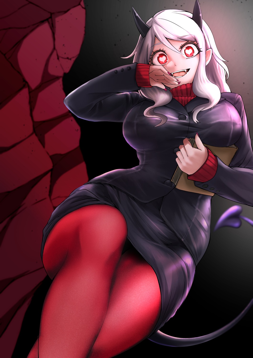 business_suit, creid, helltaker, horns, modeus_(helltaker), pantyhose, skirt_lift, sweater, tail