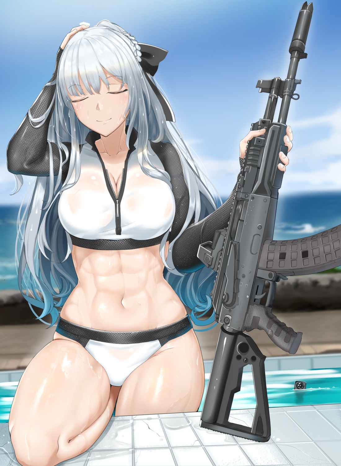 ak-12_(girls_frontline), chiyo_goya, girls_frontline, gun, see_through, swimsuits, wet, wet_clothes