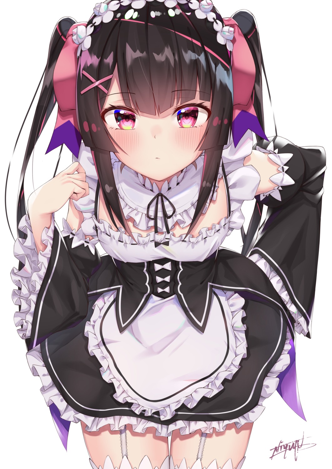 cosplay, maid, niyun_(n_niyu), re:zero_kara_hajimeru_isekai_seikatsu, senki_zesshou_symphogear, stockings, thighhighs, tsukuyomi_shirabe
