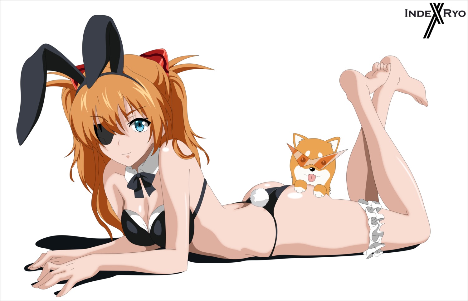 animal_ears, ass, bikini, bunny_ears, cleavage, eyepatch, feet, garter