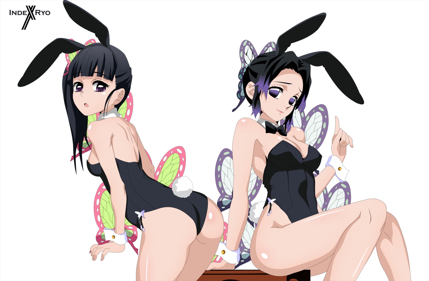 animal_ears, ass, bunny_ears, bunny_girl, indexryo, kimetsu_no_yaiba, kochou_shinobu, no_bra, tail, tsuyuri_kanao
