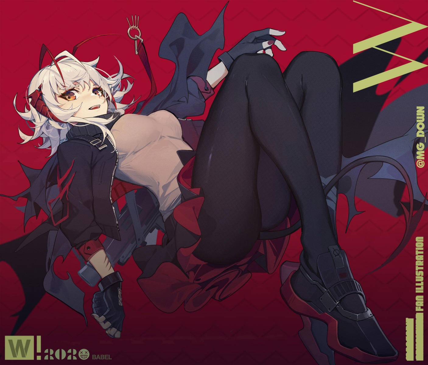 arknights, horns, mongarit, pantyhose, skirt_lift, tail, w_(arknights)