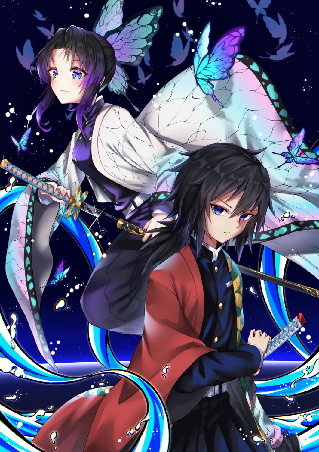 japanese_clothes, kimetsu_no_yaiba, kochou_shinobu, niyun_(n_niyu), sword, tomioka_giyuu, uniform