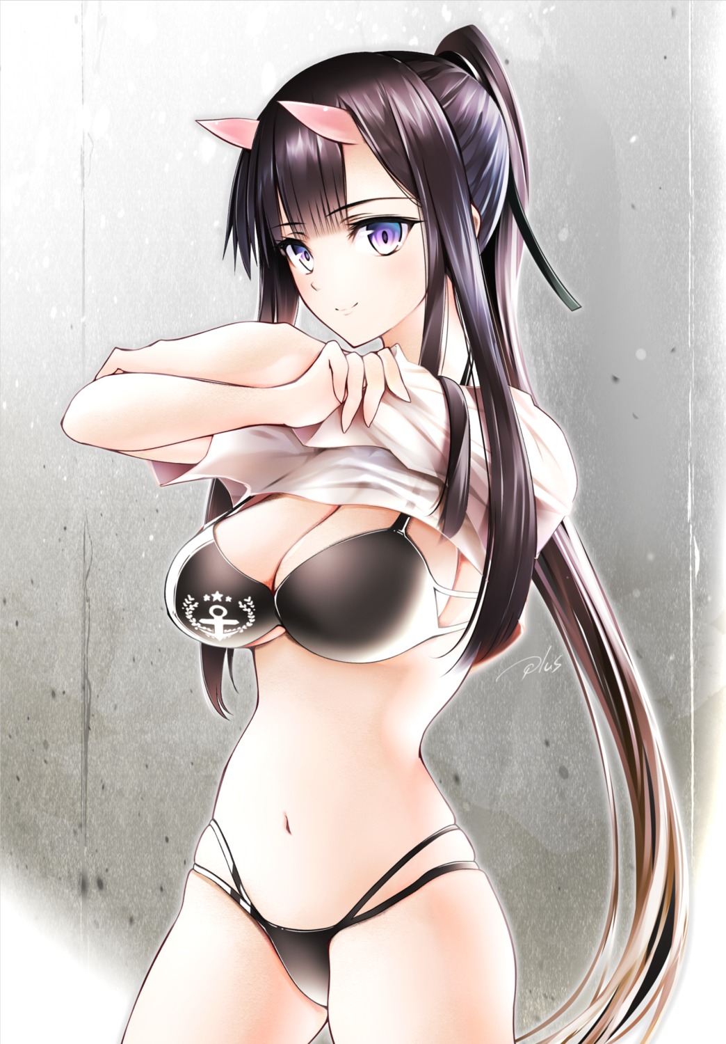 azur_lane, bikini, cleavage, horns, ryuuhou_(azur_lane), see_through, shirt_lift, swimsuits