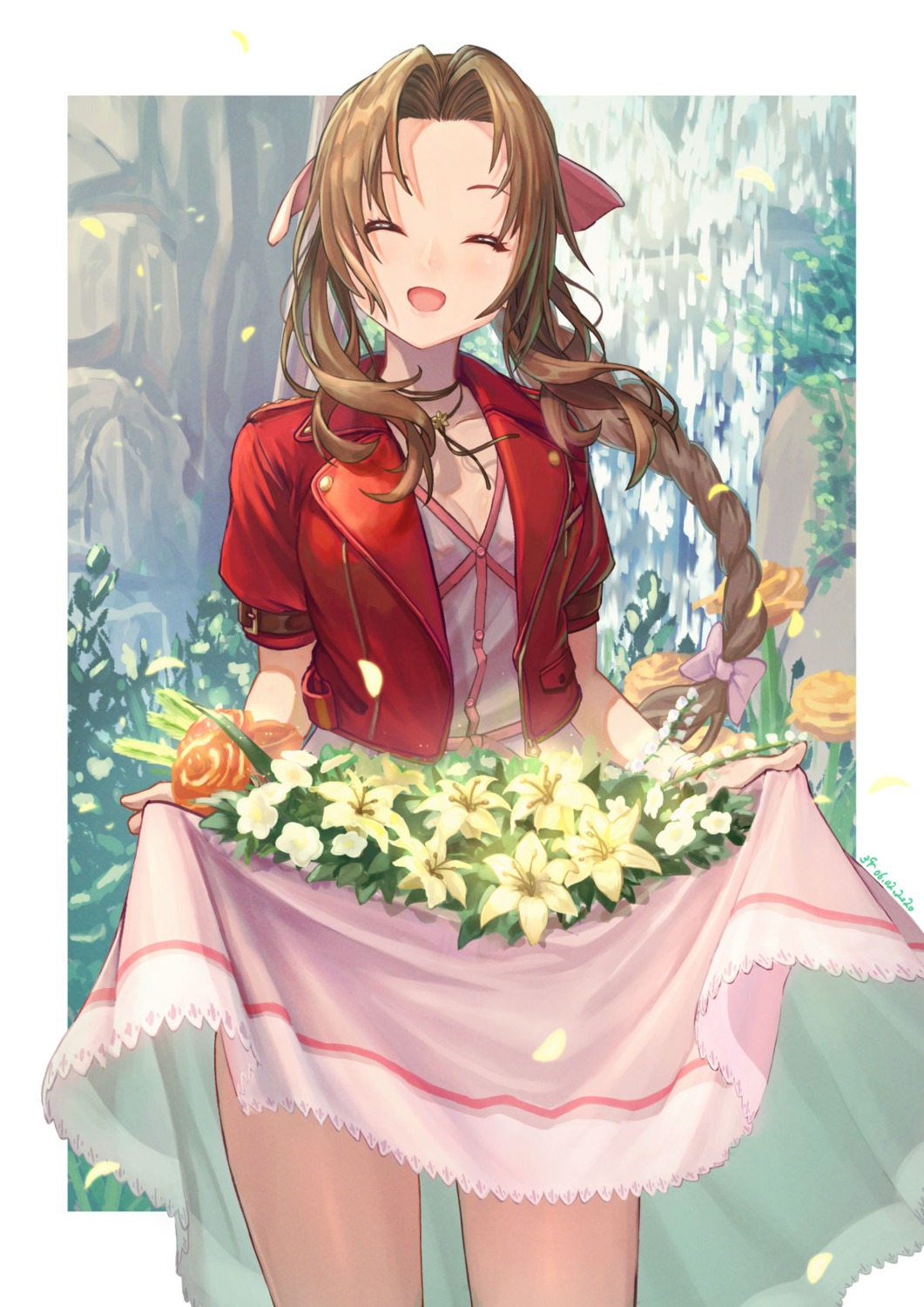 aerith_gainsborough, dress, final_fantasy, final_fantasy_vii, sakumichi, skirt_lift