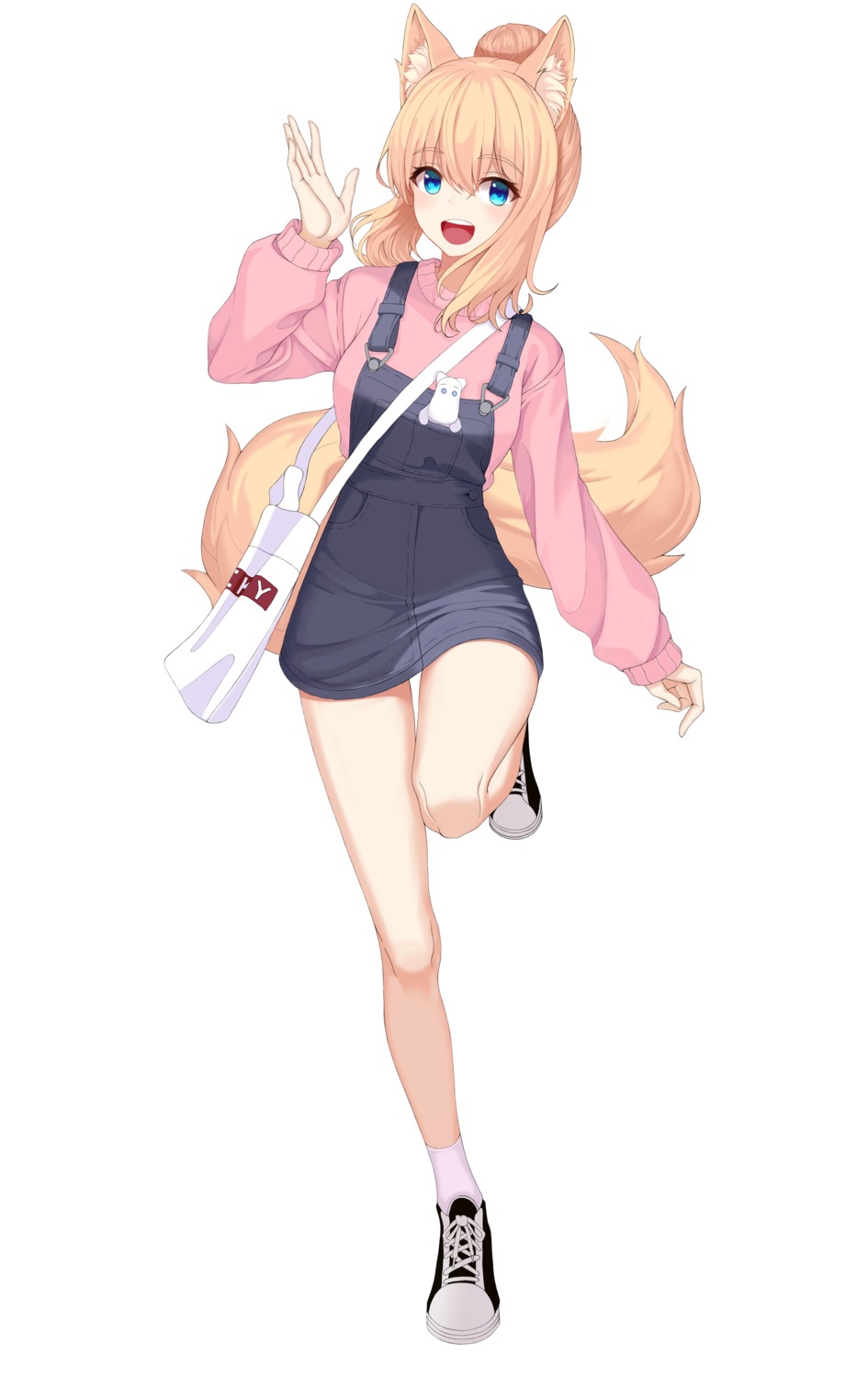 animal_ears, dress, kitsune, overalls, rlawoals2588, skirt_lift, tail