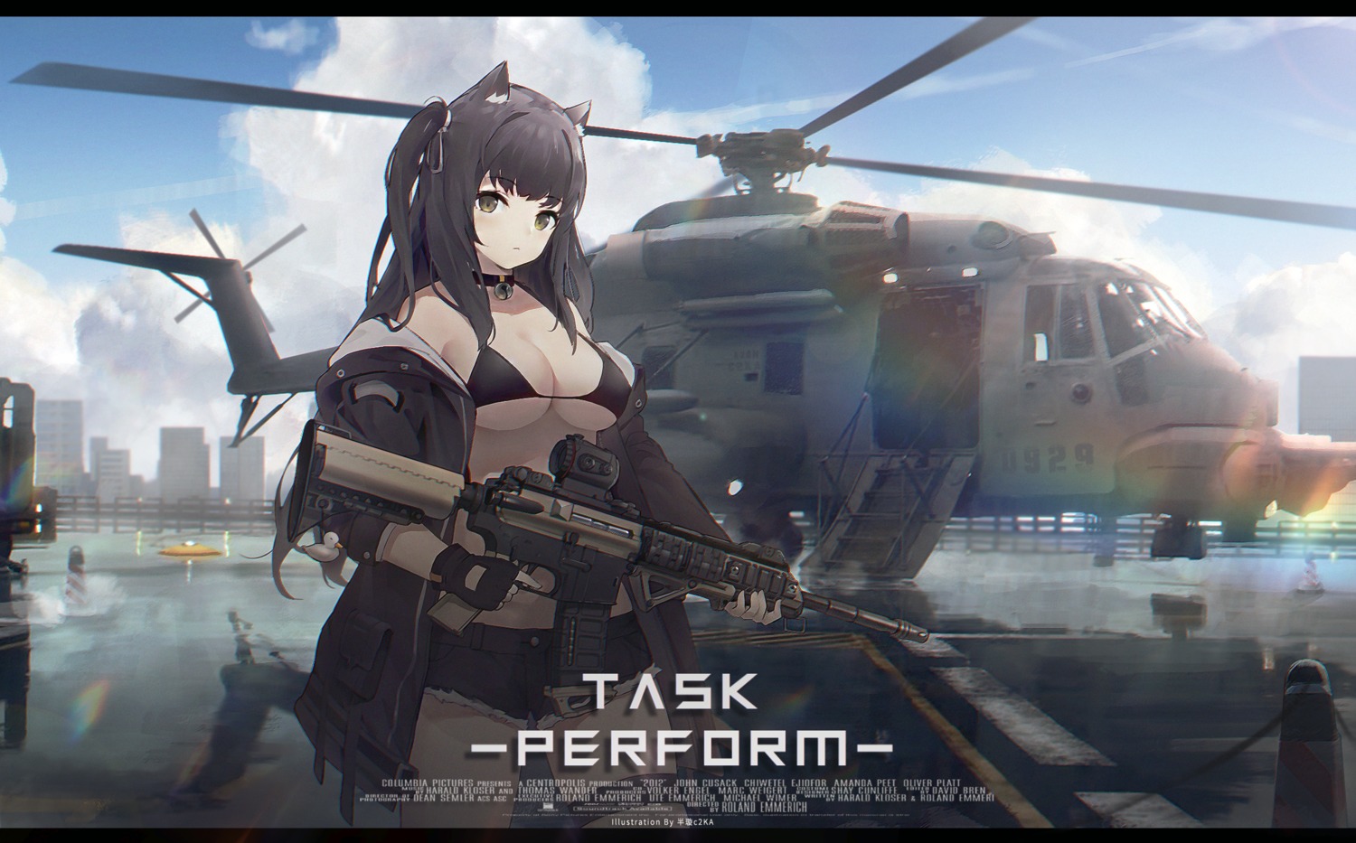 animal_ears, banxuan_c2ka, bikini_top, garter, gun, open_shirt, swimsuits