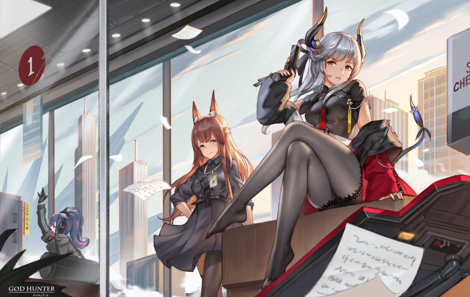 animal_ears, arknights, feet, franka_(arknights), god_hunter, gun, headphones, horns