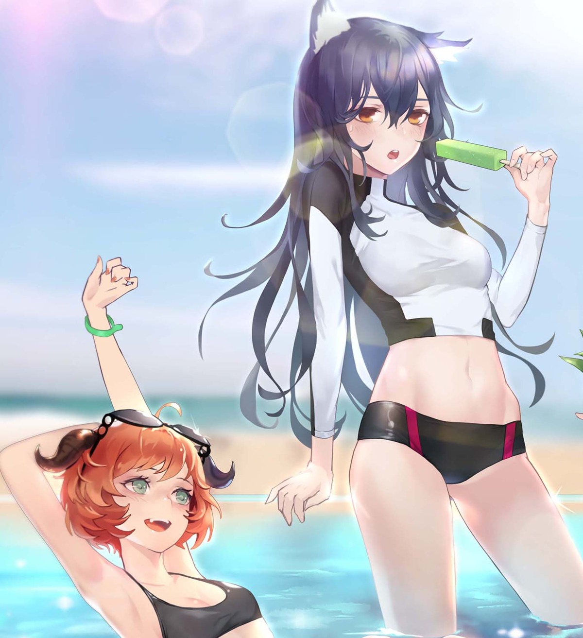 animal_ears, arknights, bikini_top, croissant_(arknights), horns, ku99_(kugugu), megane, swimsuits