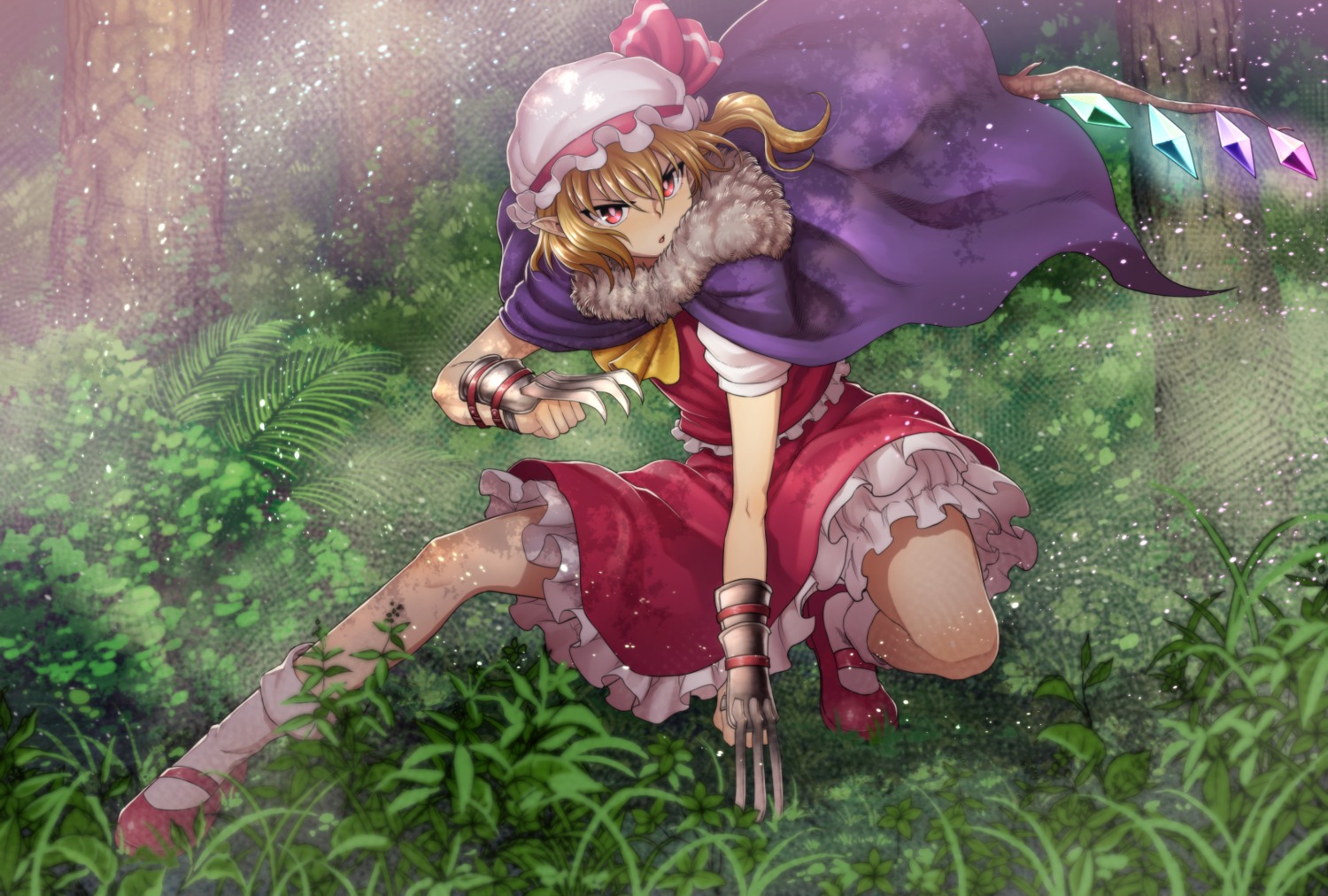 bloomers, chiaki_rakutarou, flandre_scarlet, pointy_ears, skirt_lift, touhou, weapon, wings