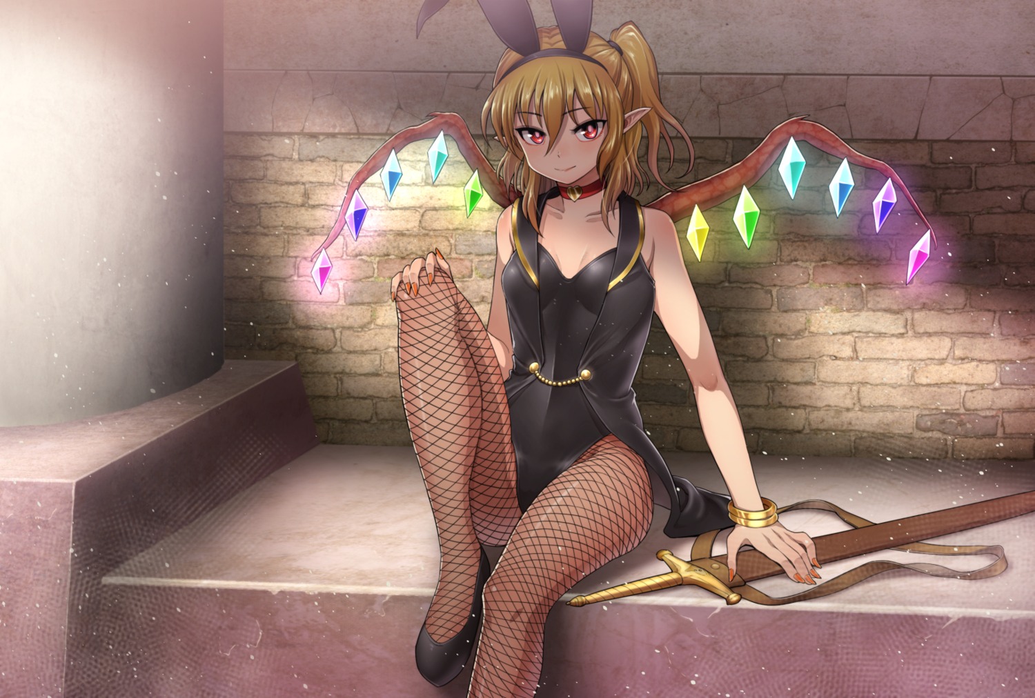 animal_ears, bunny_ears, bunny_girl, chiaki_rakutarou, cleavage, fishnets, flandre_scarlet, pantyhose
