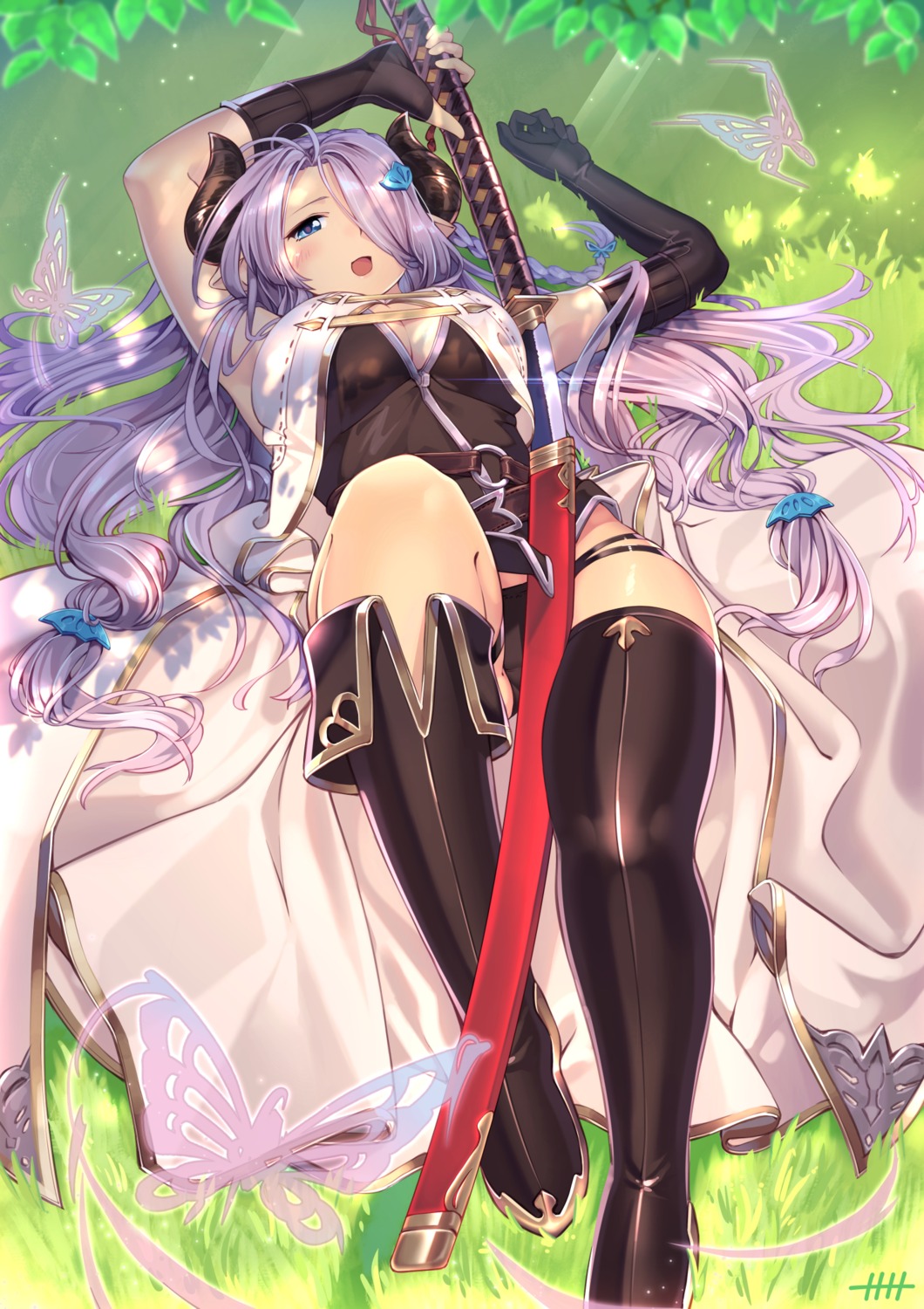 cleavage, granblue_fantasy, hitogata_ningen, horns, narumeia_(granblue_fantasy), pantsu, pointy_ears, sword, thighhighs