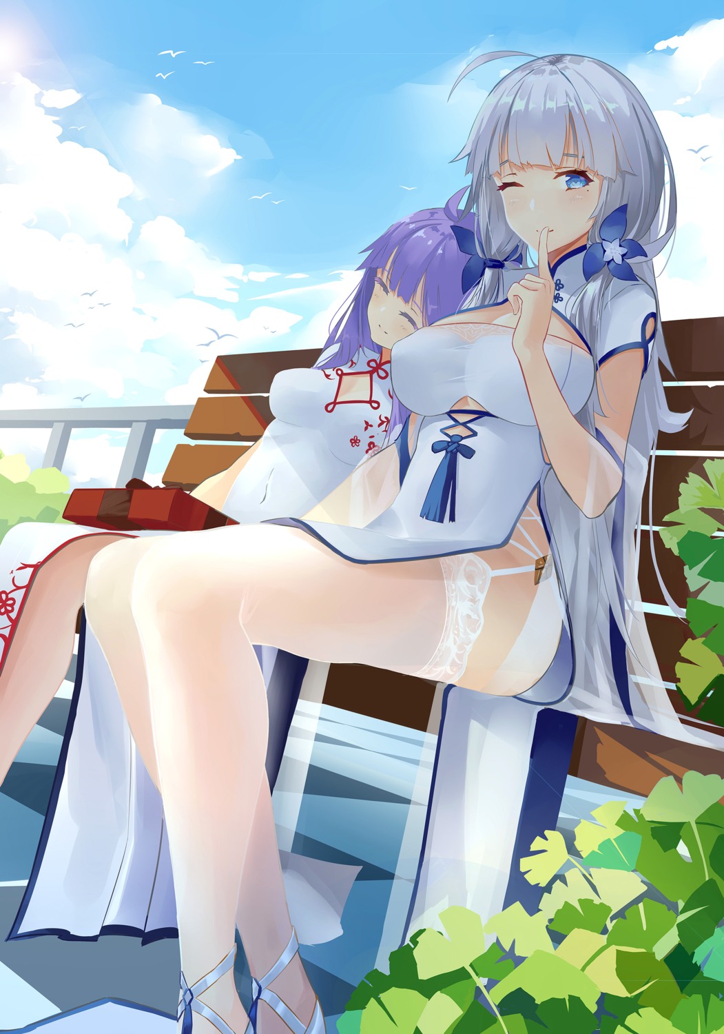 azur_lane, chinadress, cleavage, illustrious_(azur_lane), stockings, thighhighs, unicorn_(azur_lane), wjn-rance