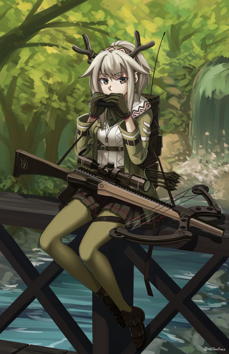 arknights, firewatch_(arknights), garter, gun, horns, ndtwofives, pantyhose