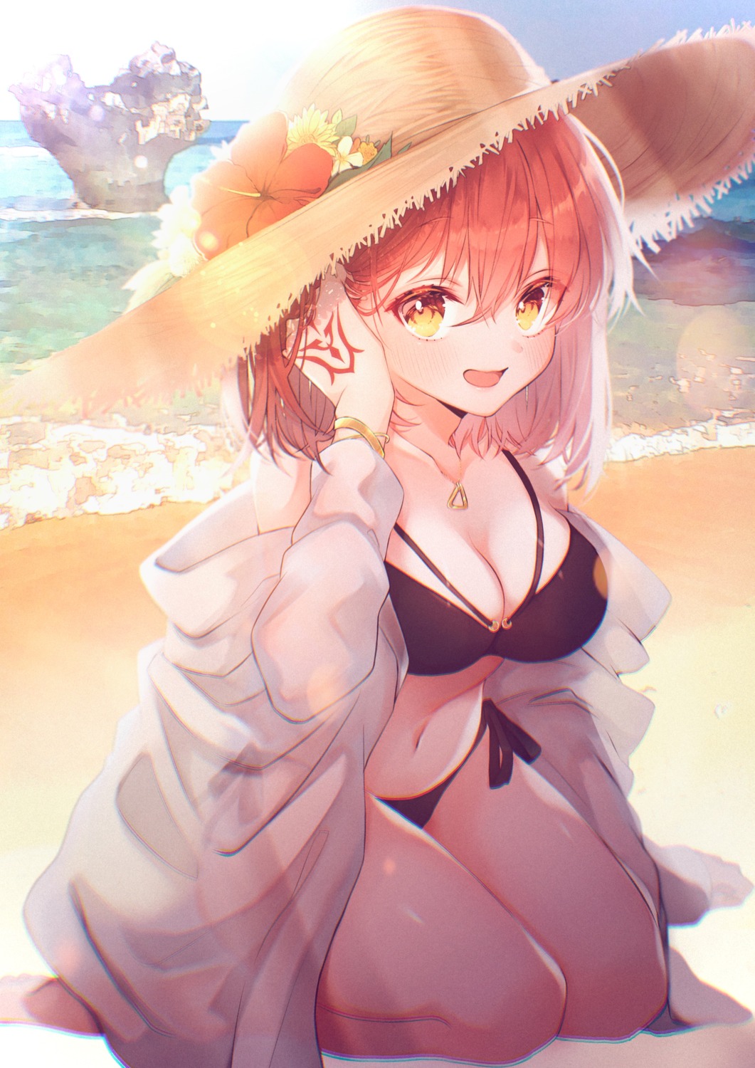 bikini, cleavage, fate/grand_order, fujimaru_ritsuka_(female), marei_(mercy), open_shirt, see_through, swimsuits