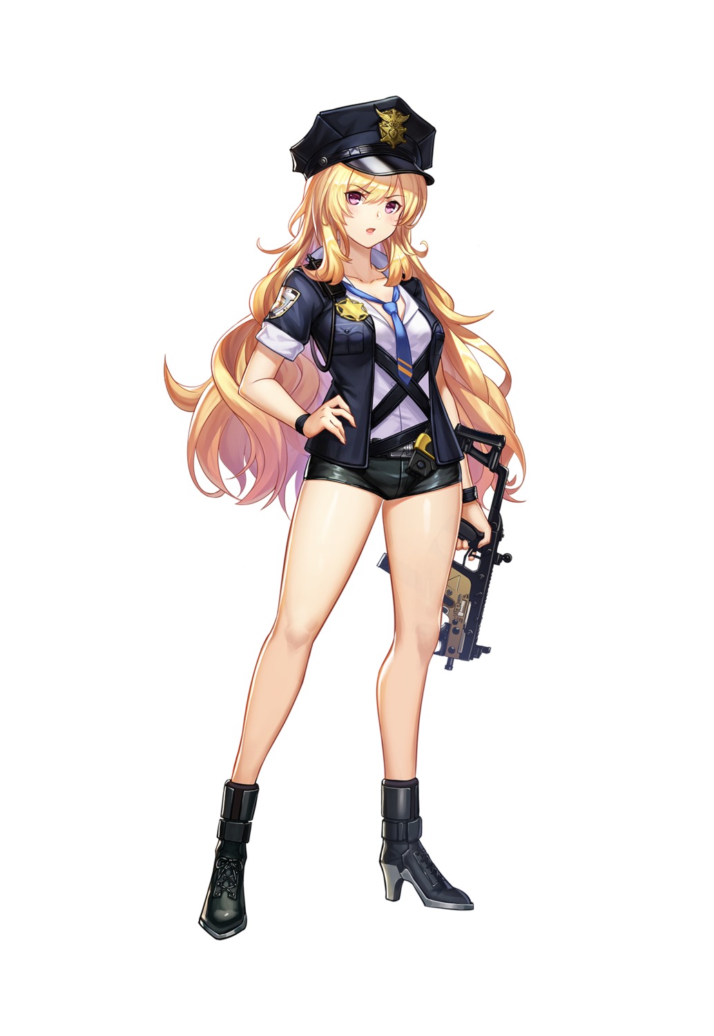 gun, heels, open_shirt, police_uniform, sramy