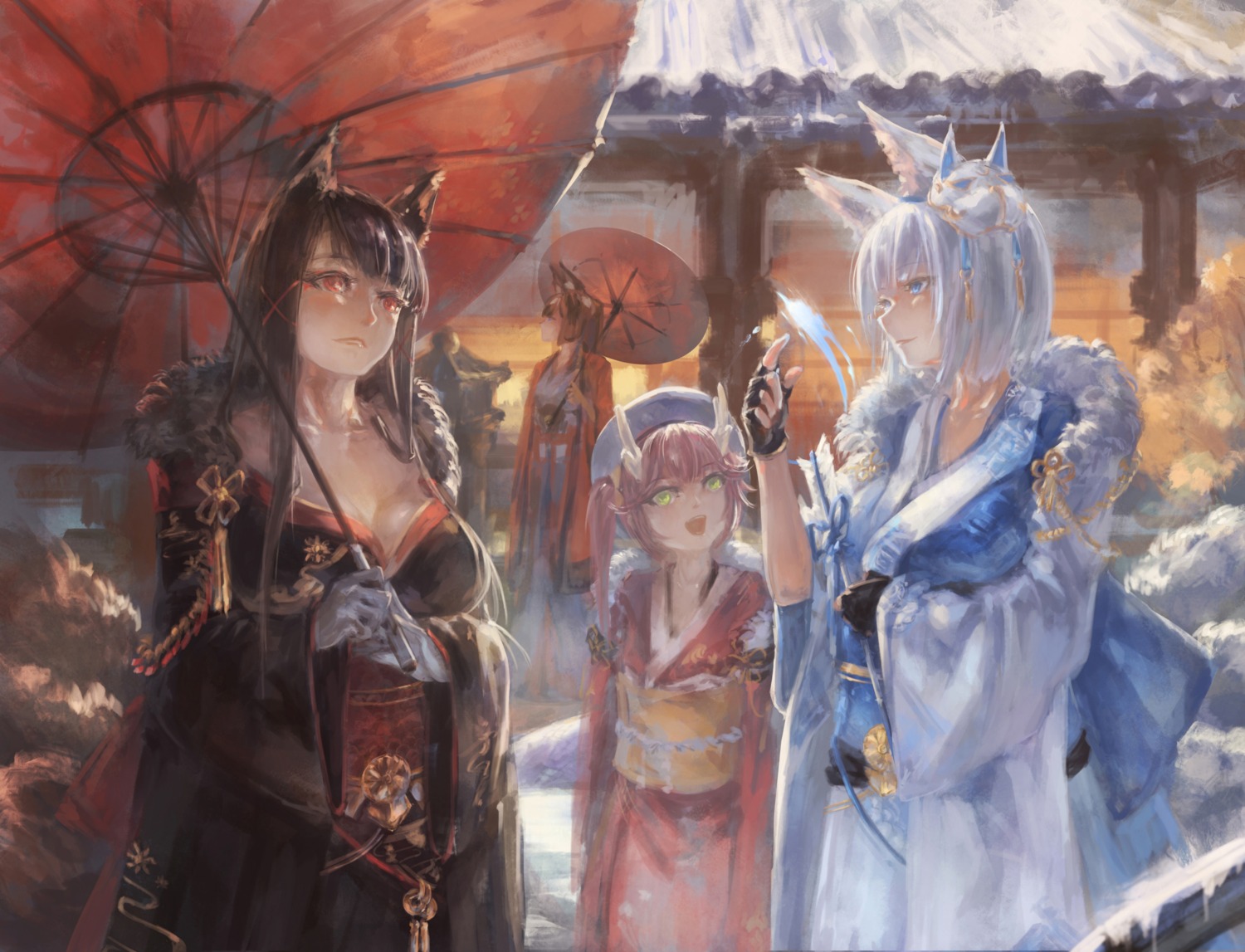 akagi_(azur_lane), animal_ears, azur_lane, cleavage, japanese_clothes, kaga_(azur_lane), kitsune, ryuujou_(azur_lane)