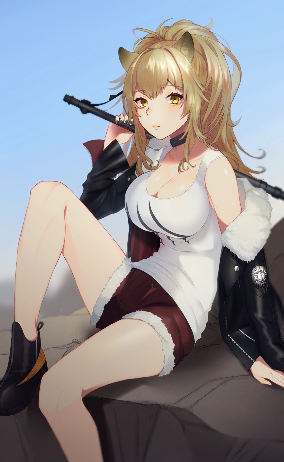 animal_ears, arknights, cleavage, mimiko_(fuji_310), siege_(arknights), weapon