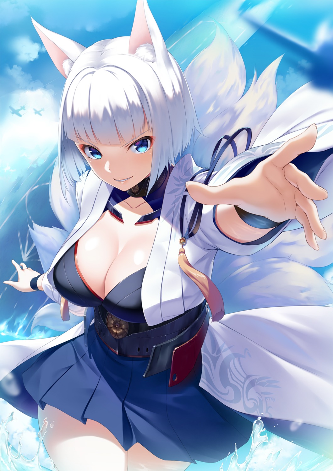 animal_ears, azur_lane, cleavage, japanese_clothes, kaga_(azur_lane), kitsune, koikeya, tail, wet