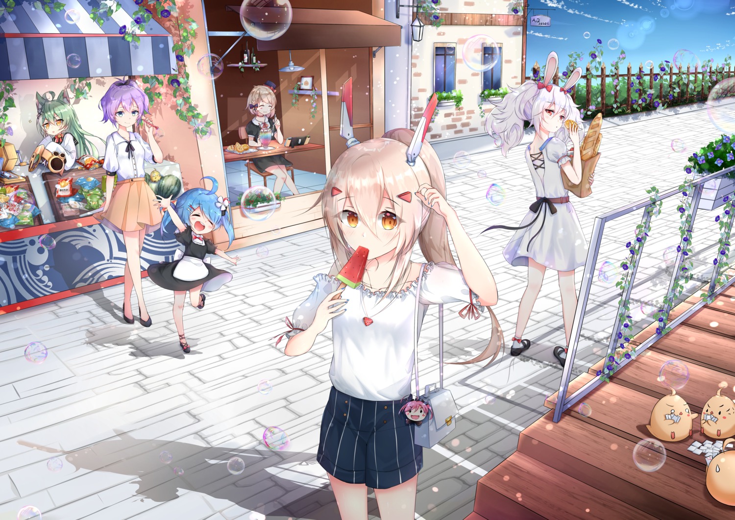ai_qing, akashi_(azur_lane), animal_ears, ayanami_(azur_lane), azur_lane, bunny_ears, dress, helena_(azur_lane), horns, javelin_(azur_lane), laffey_(azur_lane), little_helena_(azur_lane), manjuu_(azur_lane), nekomimi, skirt_lift, summer_dress, z23_(azur_lane)