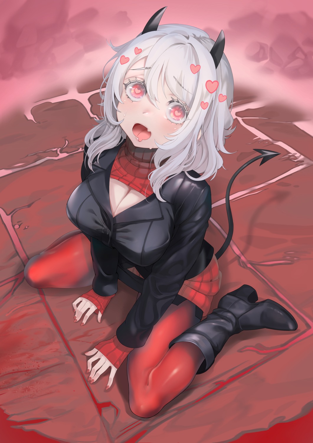 business_suit, cleavage, heels, helltaker, horns, modeus_(helltaker), pantyhose, sharekoube, sweater, tail