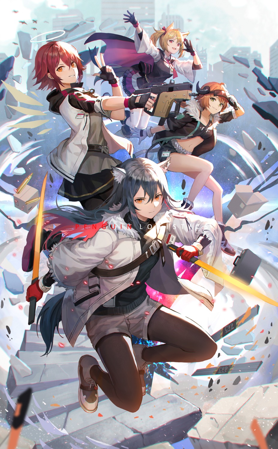 angel, animal_ears, arknights, croissant_(arknights), exusiai_(arknights), gun, horns, pantyhose