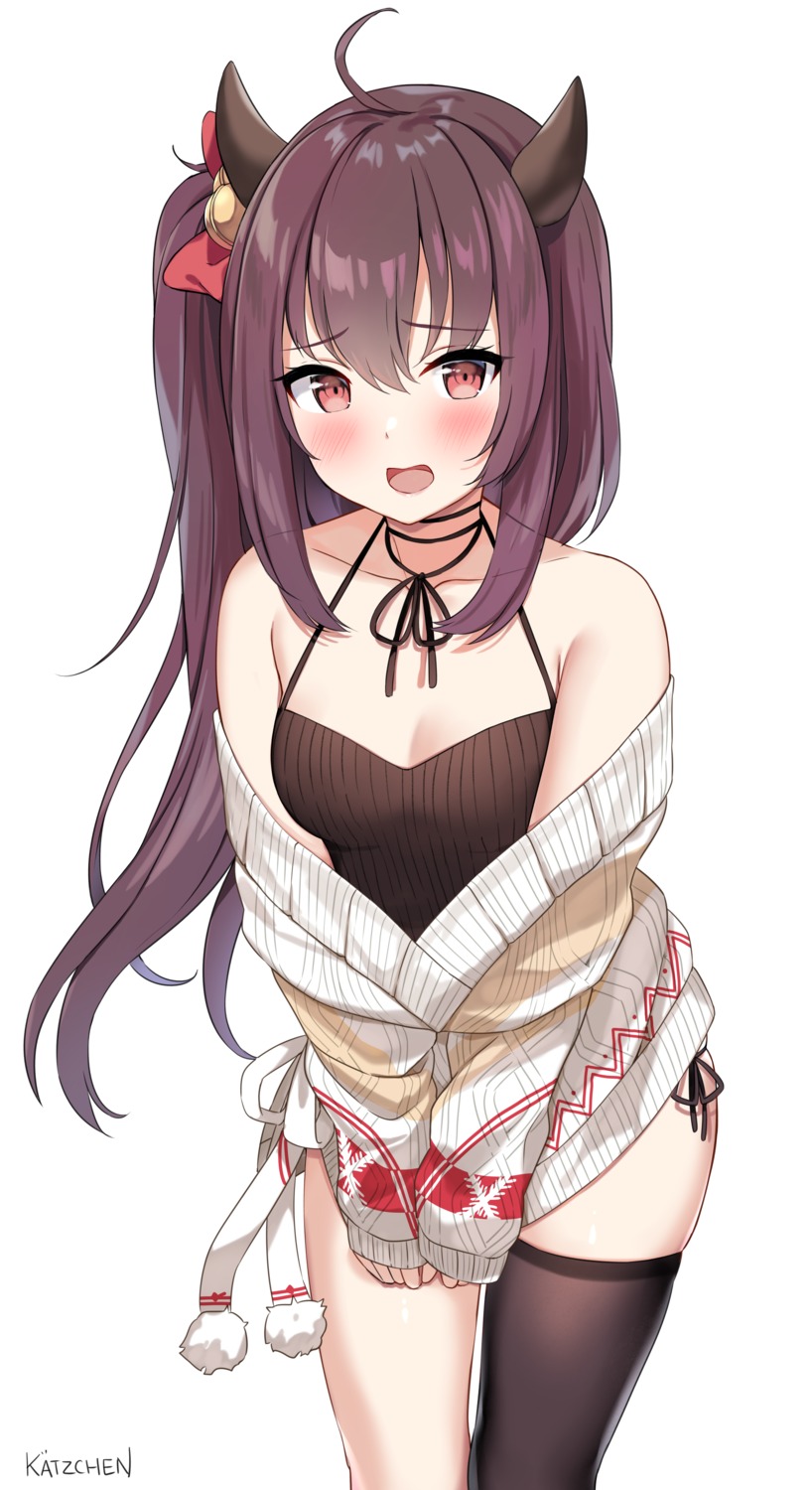 azur_lane, cleavage, horns, isuzu_(azur_lane), kaetzchen, sweater, thighhighs