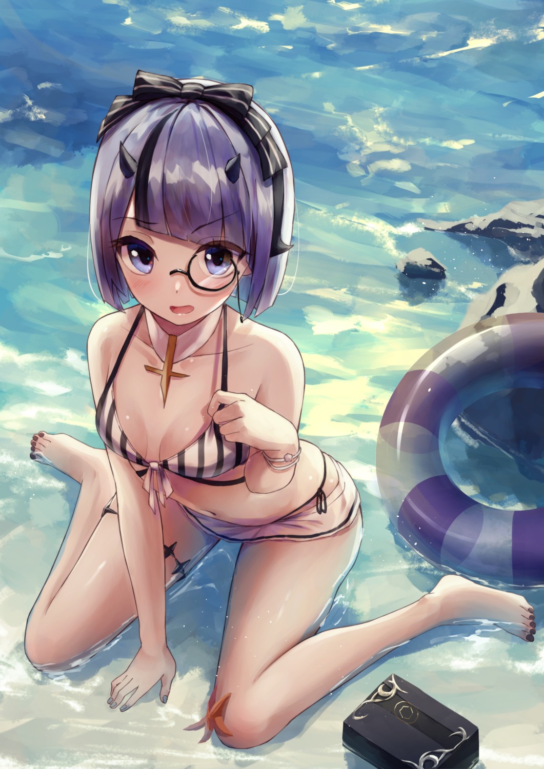 azur_lane, bearn_(azur_lane), bikini, garter, horns, megane, shun'ya_(daisharin36), swimsuits, wet