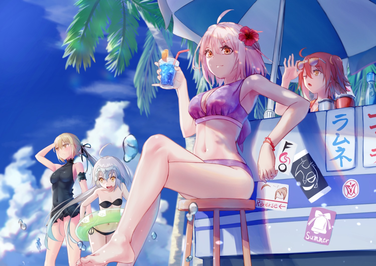 artoria_pendragon_(fate), artoria_pendragon_alter_(fate), bikini, cleavage, fate/grand_order, feet, fujimaru_ritsuka_(female), jeanne_d'arc, jeanne_d'arc_alter_(fate), jeanne_d'arc_alter_santa_lily, megane, shun'ya_(daisharin36), swimsuits