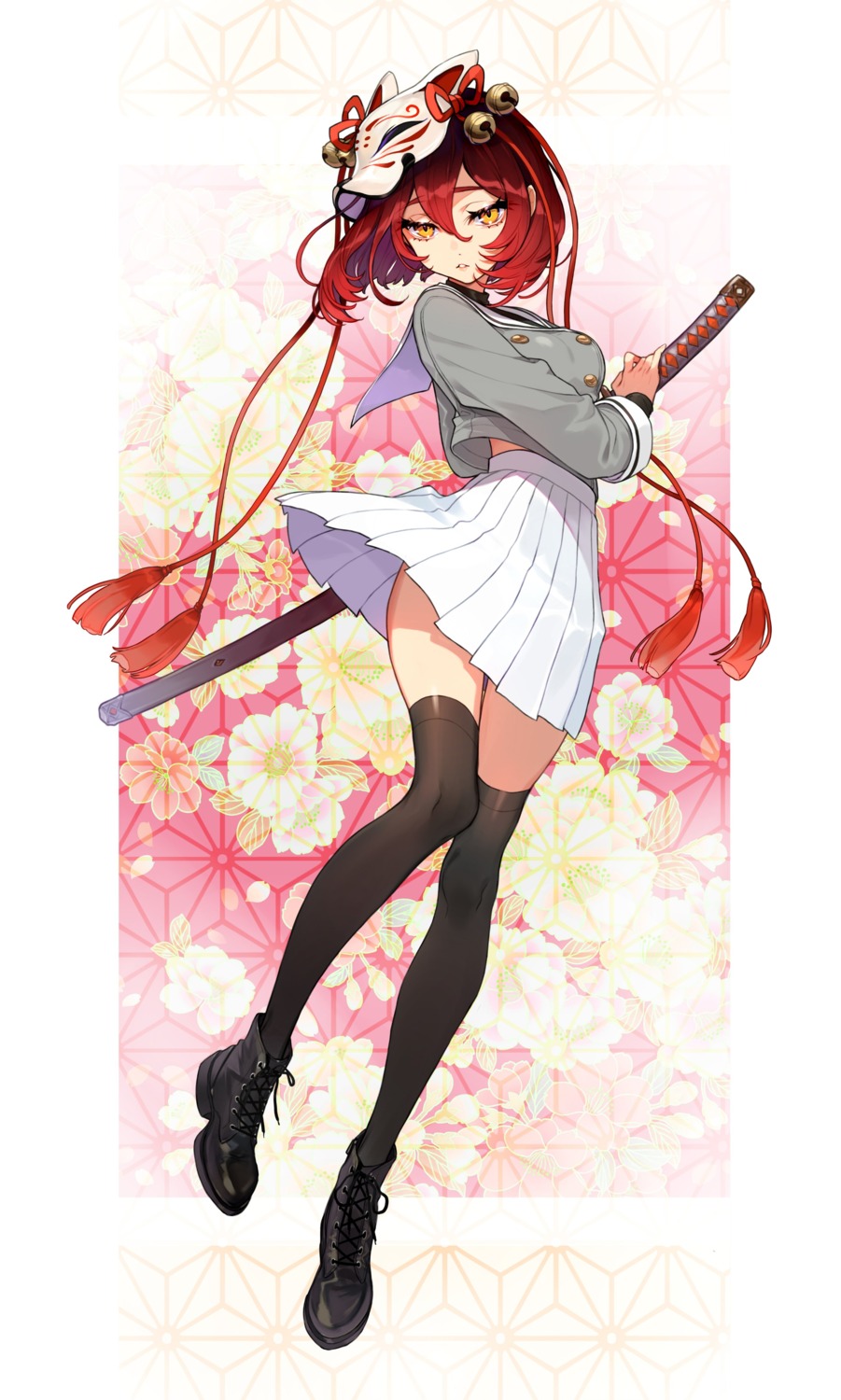seifuku, skirt_lift, sword, thighhighs, yuu_(higashi_no_penguin)