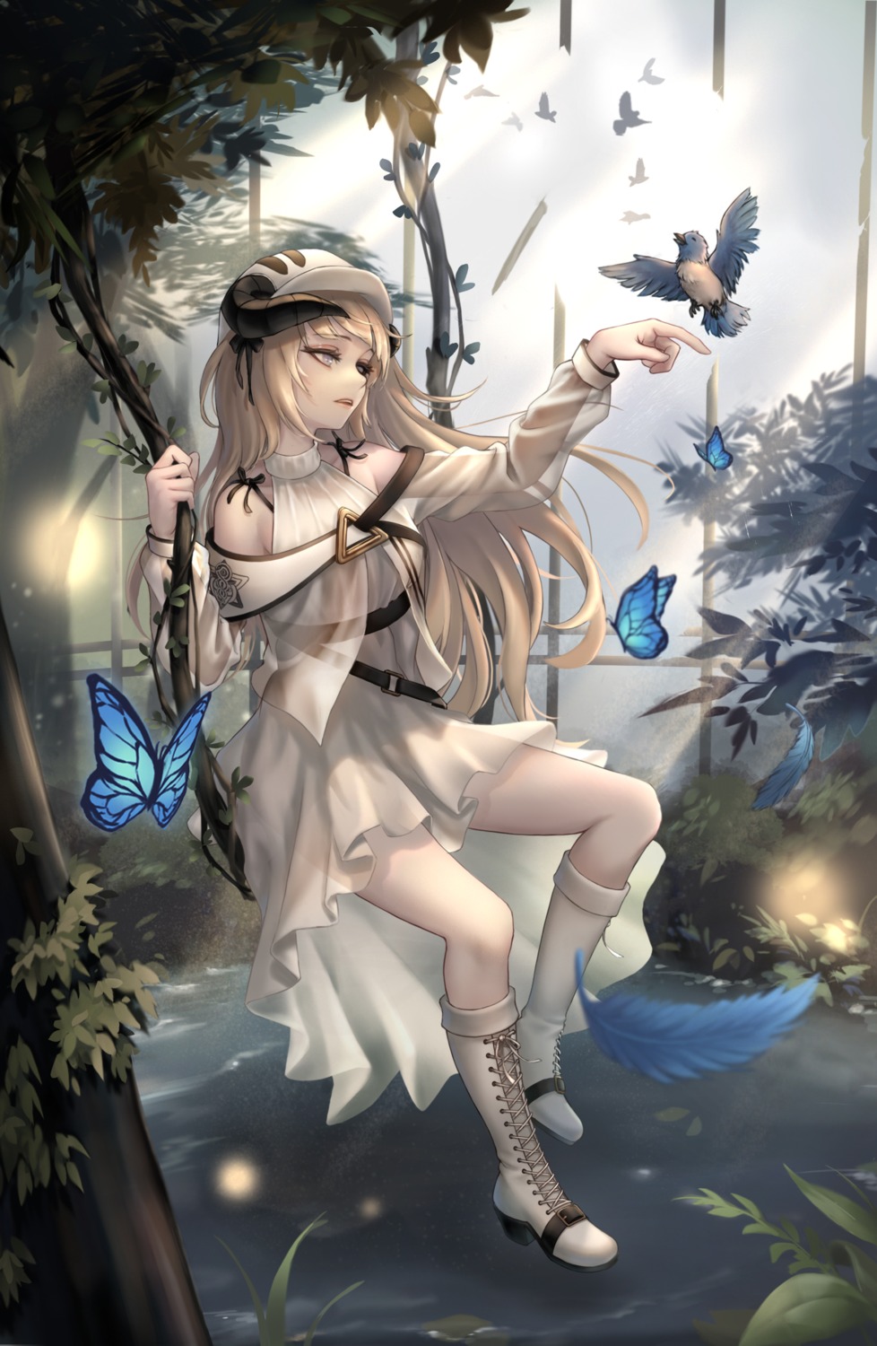 arknights, dress, heels, horns, kie_(wylee2212), nightingale_(arknights), see_through